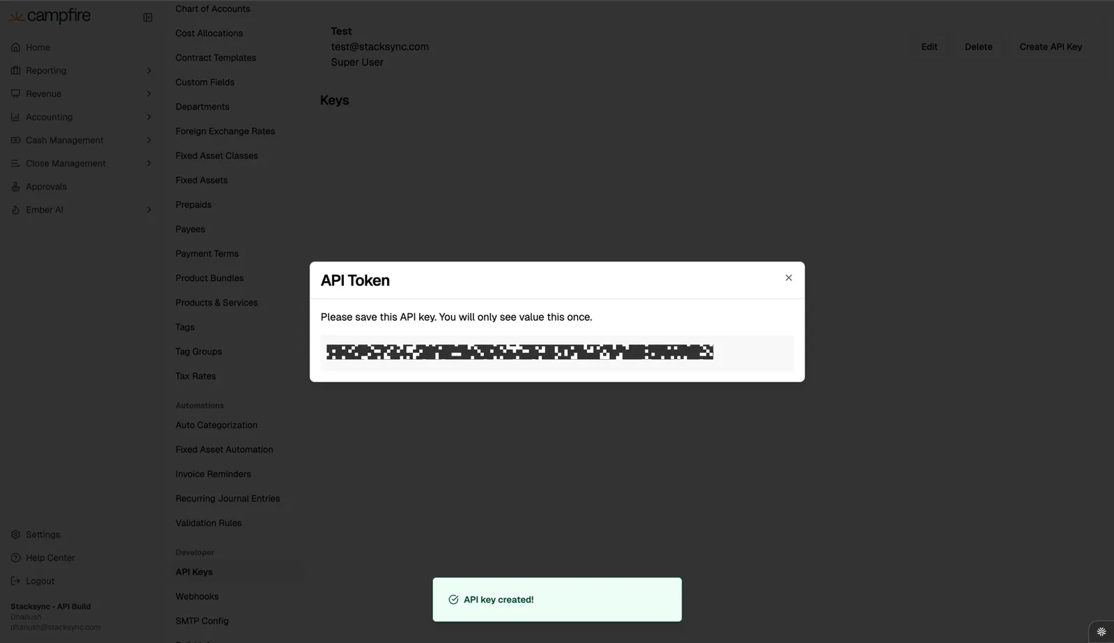 Campfire "API Token" dialog showing the masked new API key, to be copied once, with an "API key created!" notice.