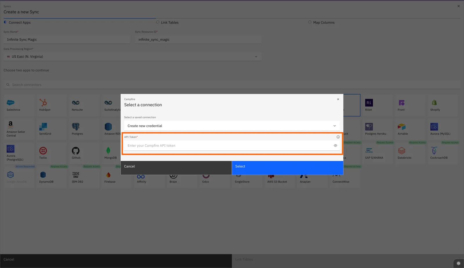 Stacksync Campfire "Select a connection" dialog with "Create new credential" chosen and the "API Token" field highlighted.