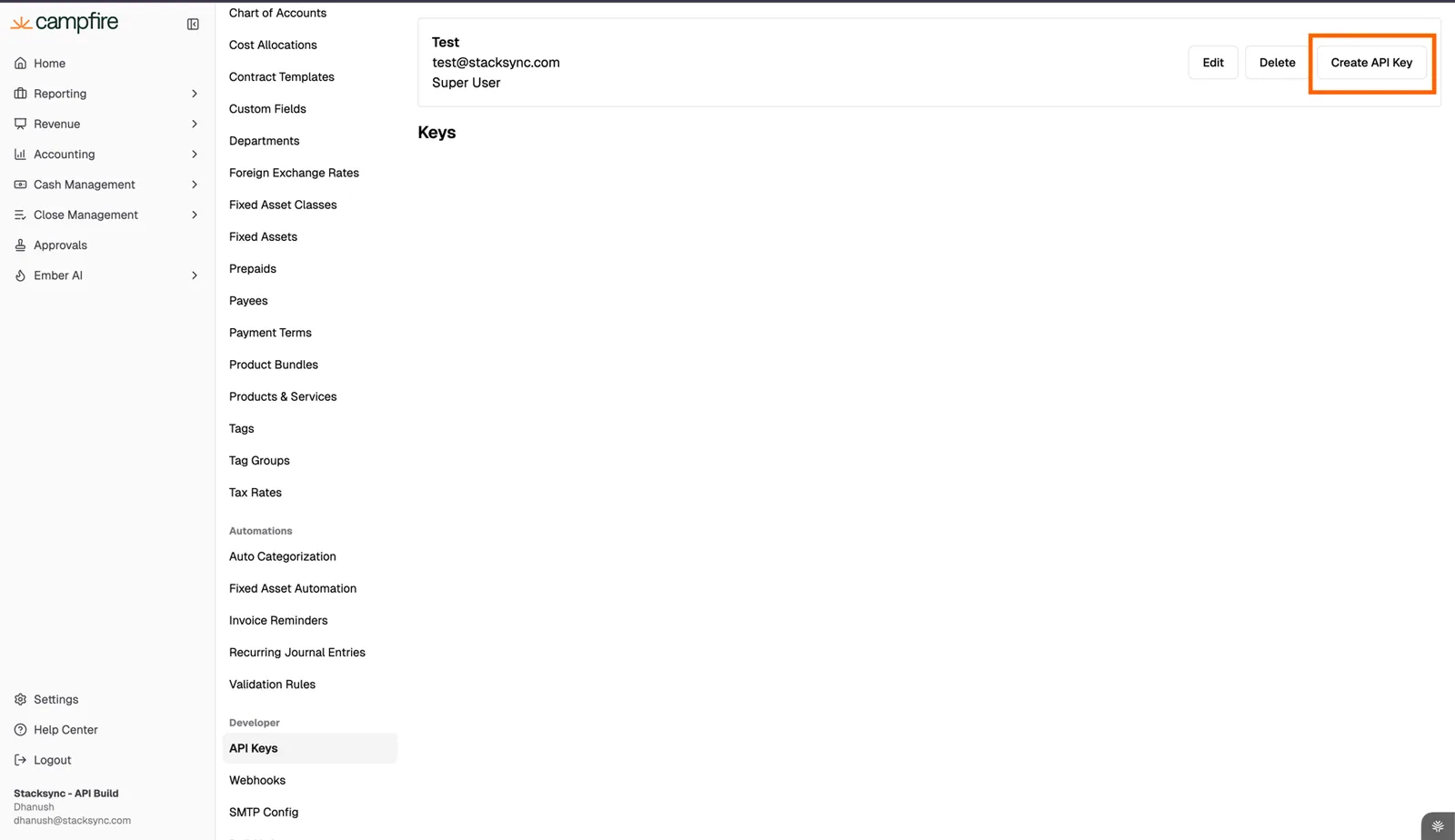 Campfire API user "Test" (Super User) with the "Create API Key" button highlighted.