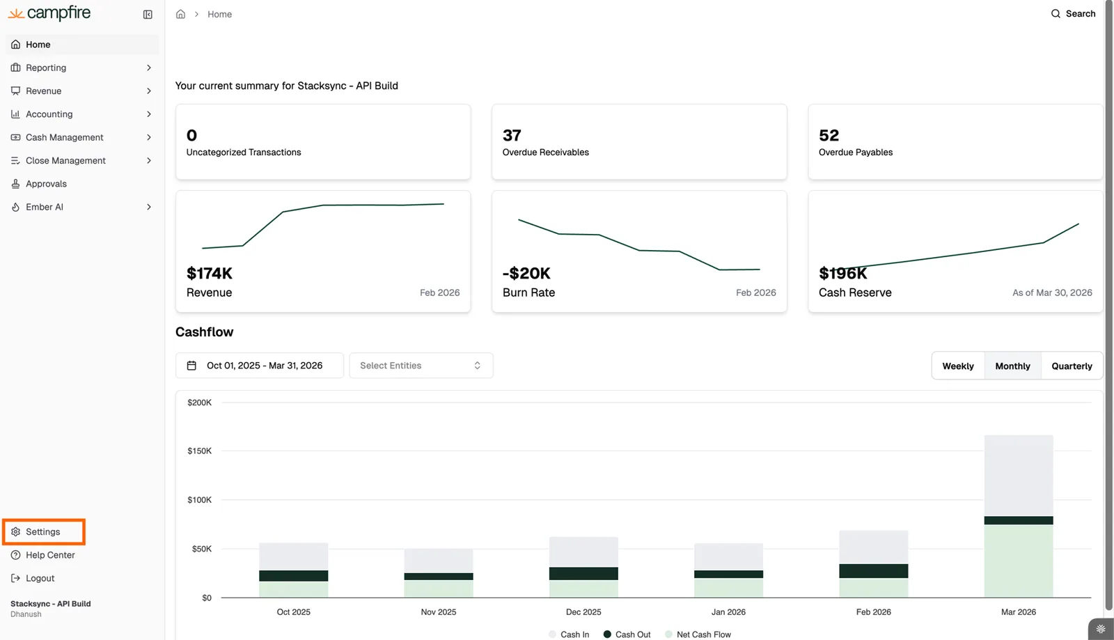 Campfire home dashboard with the "Settings" item highlighted at the bottom of the left sidebar.