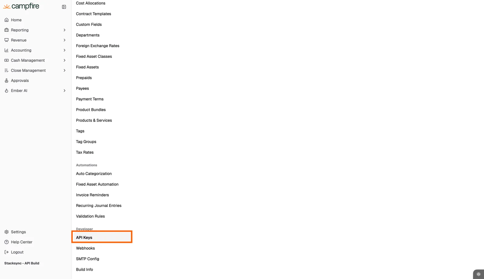 Campfire Settings menu with "API Keys" highlighted under the Developer section.