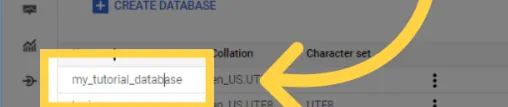Google Cloud SQL Databases list with the database name "my_tutorial_database" highlighted.