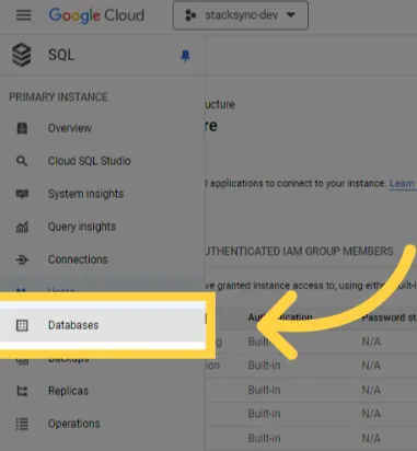 Google Cloud SQL instance side menu with an arrow pointing to "Databases".