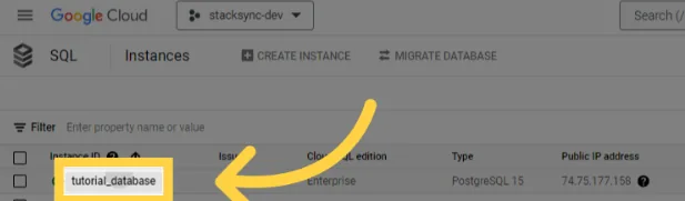 Google Cloud SQL Instances list with an arrow pointing to the "tutorial_database" instance ID.
