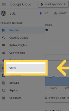 Google Cloud SQL instance side menu with "Users" highlighted.