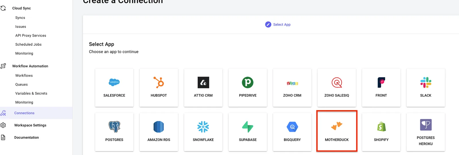 Stacksync "Create a Connection" Select App step with the MotherDuck tile highlighted.