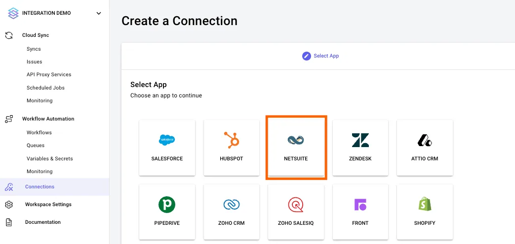 Stacksync "Create a Connection" page with the NetSuite app tile highlighted among connectors like Salesforce and HubSpot.