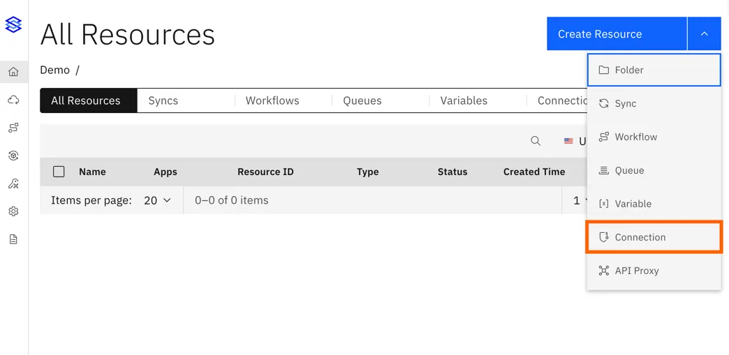 Stacksync "All Resources" page with the "Create Resource" dropdown open and "Connection" highlighted.