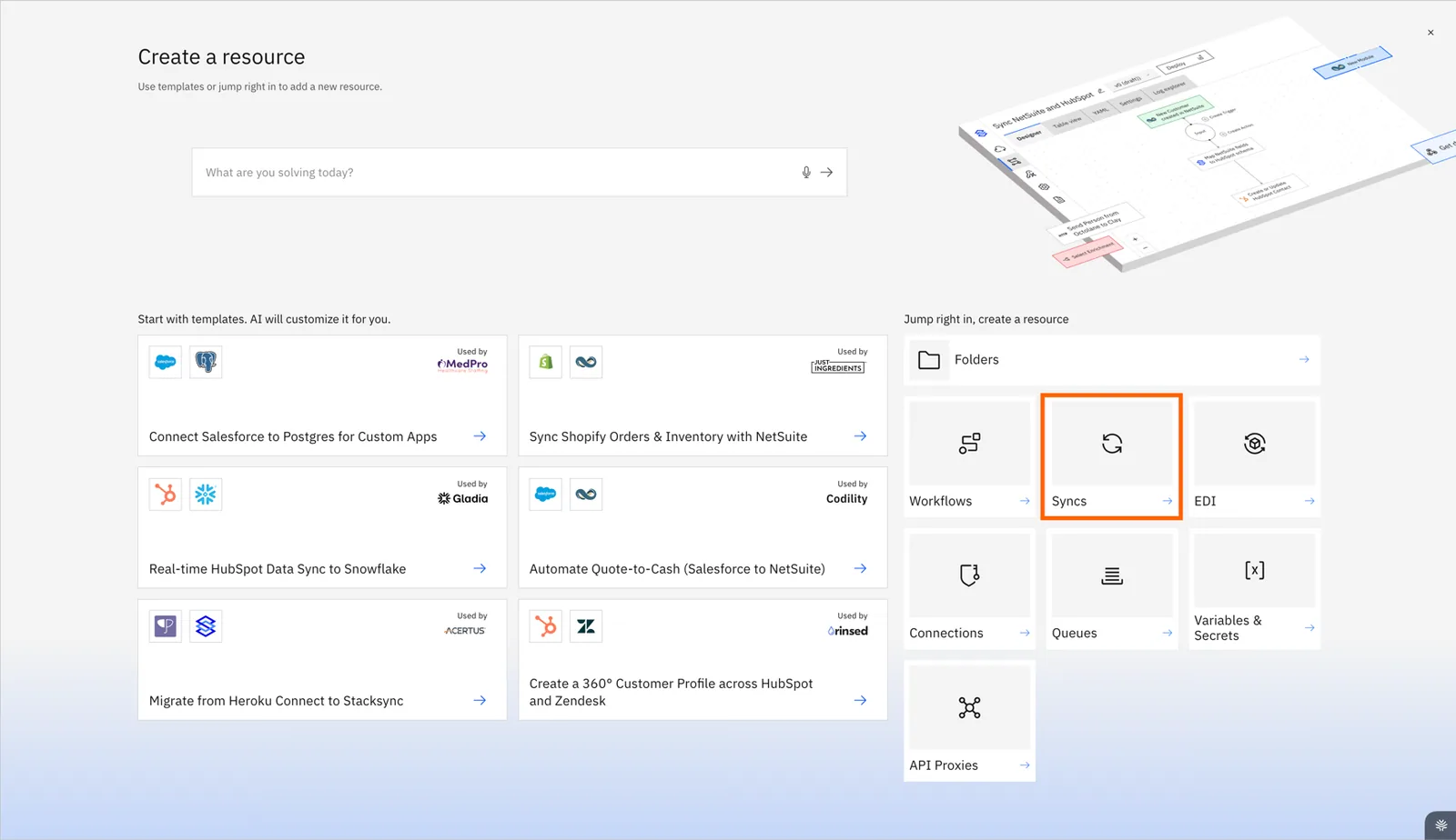 Stacksync "Create a resource" screen with templates on the left and the "Syncs" tile highlighted under "Jump right in".