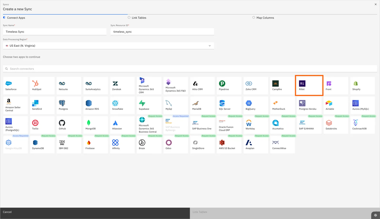 Stacksync "Create a new Sync" Connect Apps step with the Rillet connector highlighted in the connector grid.