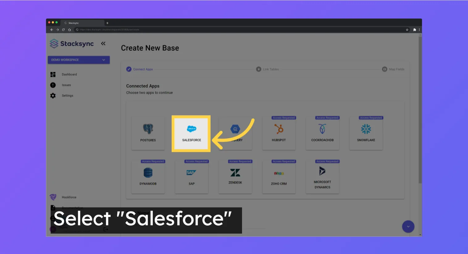 Stacksync "Create New Base" Connect Apps step with the Salesforce tile highlighted and the caption "Select "Salesforce"".