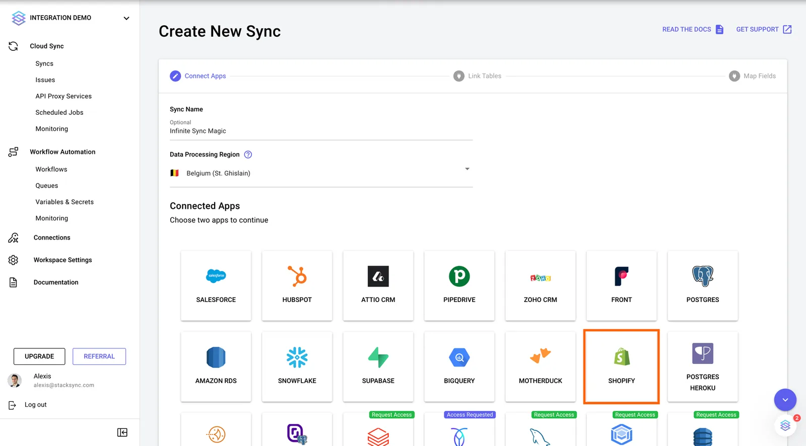 Stacksync Create New Sync page, Connect Apps step, with the Shopify app tile highlighted.
