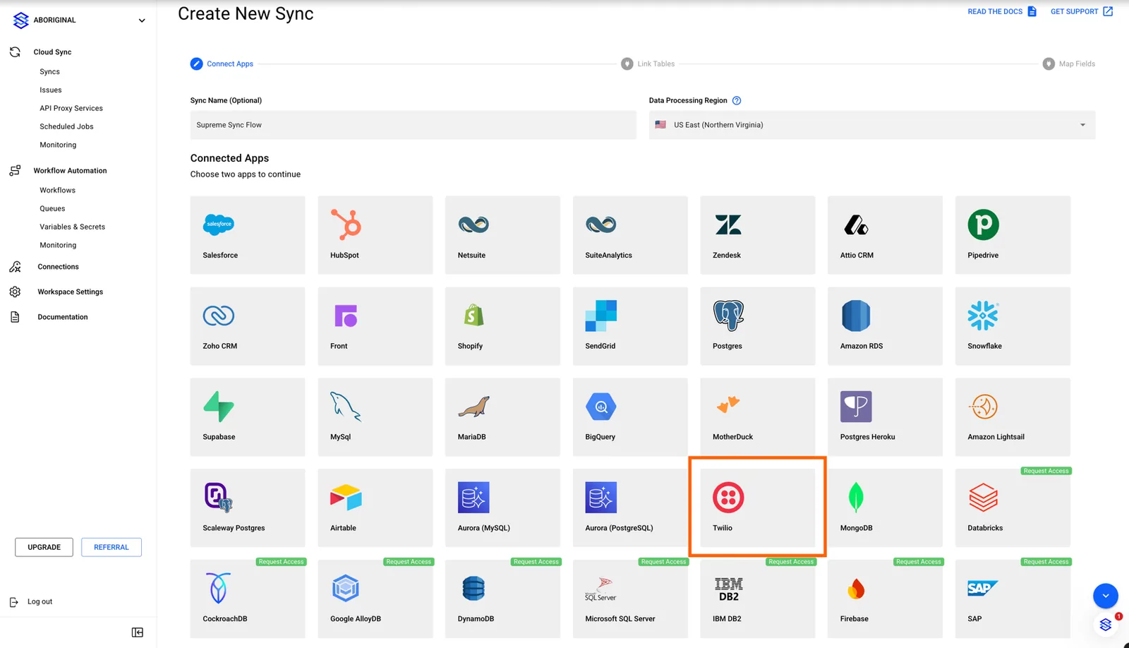 Stacksync Create New Sync page, Connect Apps step, with the Twilio app tile highlighted.