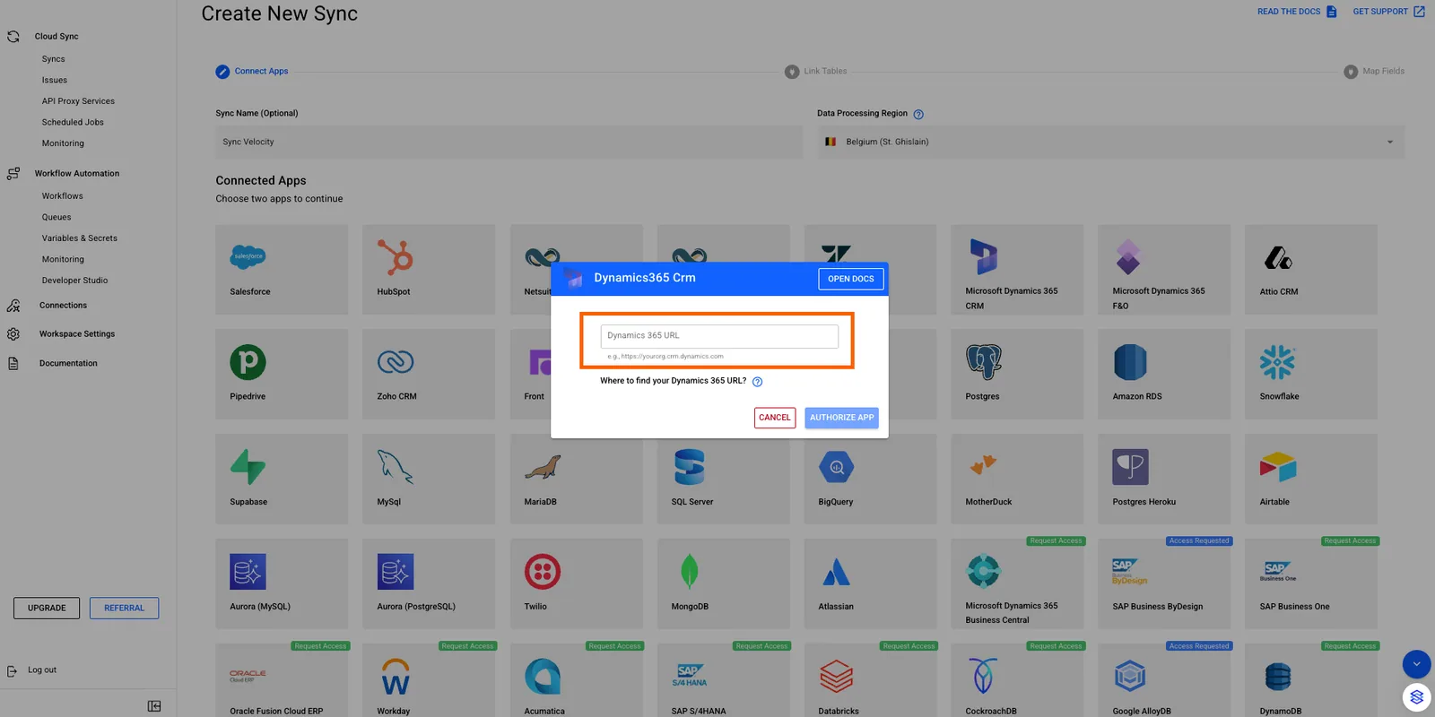 Stacksync "Dynamics365 Crm" dialog with the "Dynamics 365 URL" field highlighted and an "Authorize App" button.