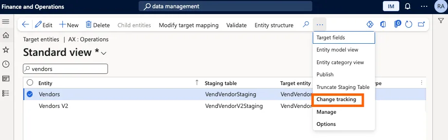 D365 F&O Data entities list with "Vendors" selected and the "Change tracking" option highlighted in the overflow menu.