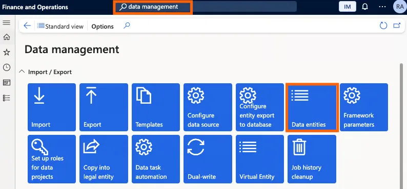 D365 F&O "Data management" workspace opened from search, with the "Data entities" tile highlighted to find a custom entity.