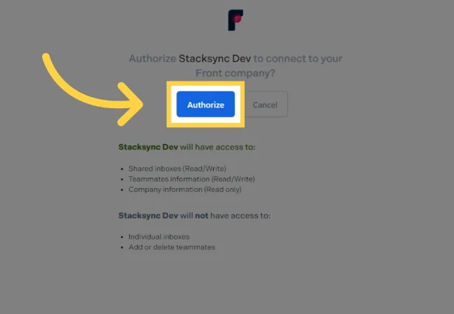 Front OAuth prompt to authorize Stacksync access to shared inboxes, teammates and company info, with "Authorize" highlighted.