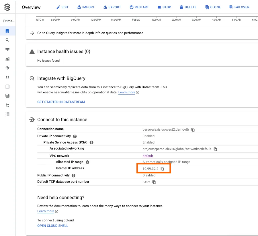 GCP Cloud SQL instance overview "Connect to this instance" section with the private "Internal IP address" highlighted.