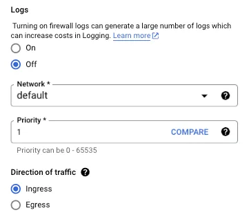 GCP firewall rule settings with Logs off, Network "default", Priority "1" and Direction of traffic "Ingress".