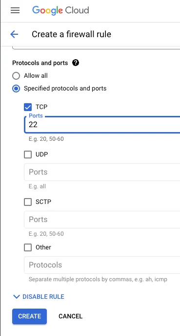 GCP "Create a firewall rule" protocols section with "TCP" checked on port "22" and the "Create" button.