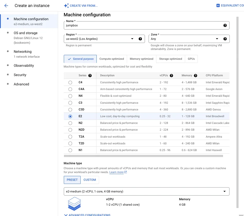 GCP "Create an instance" Machine configuration for a VM named "jumpbox" using the E2 series and "e2-medium" (2 vCPU, 4 GB).