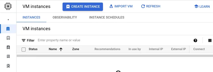 GCP Compute Engine "VM instances" page with the "Create Instance" button.