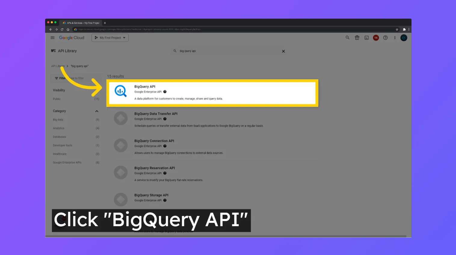 Google Cloud API Library search results with "BigQuery API" highlighted
