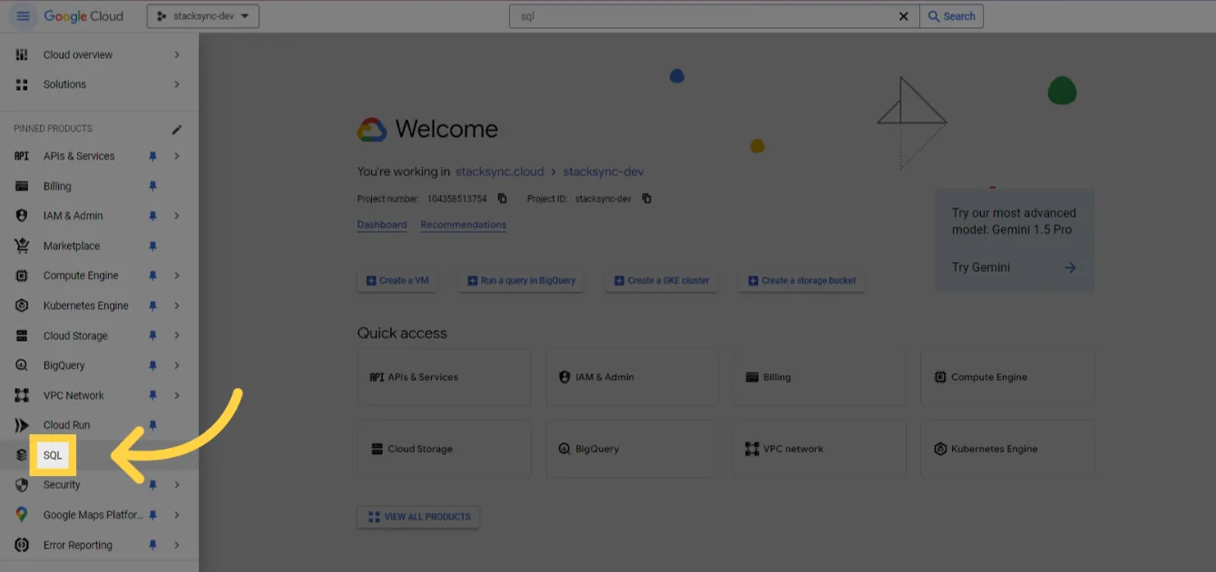 Google Cloud console navigation menu with an arrow pointing to the "SQL" product.