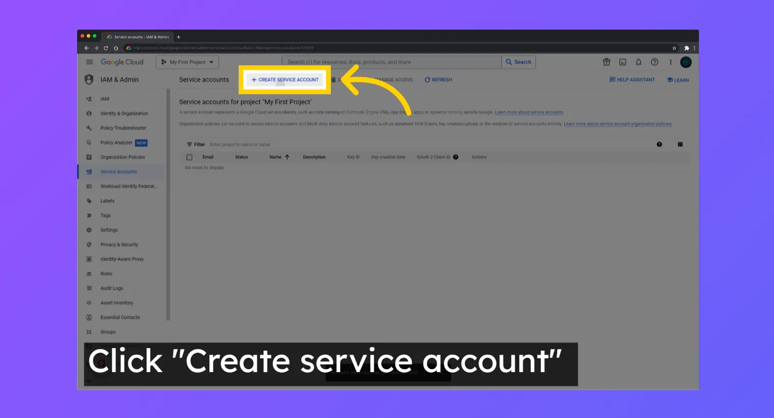 Google Cloud IAM & Admin Service accounts page with "Create service account" highlighted