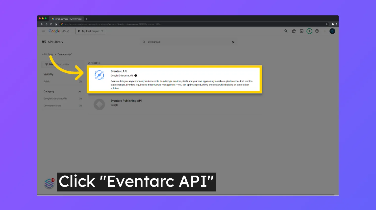 Google Cloud API Library search results with "Eventarc API" highlighted