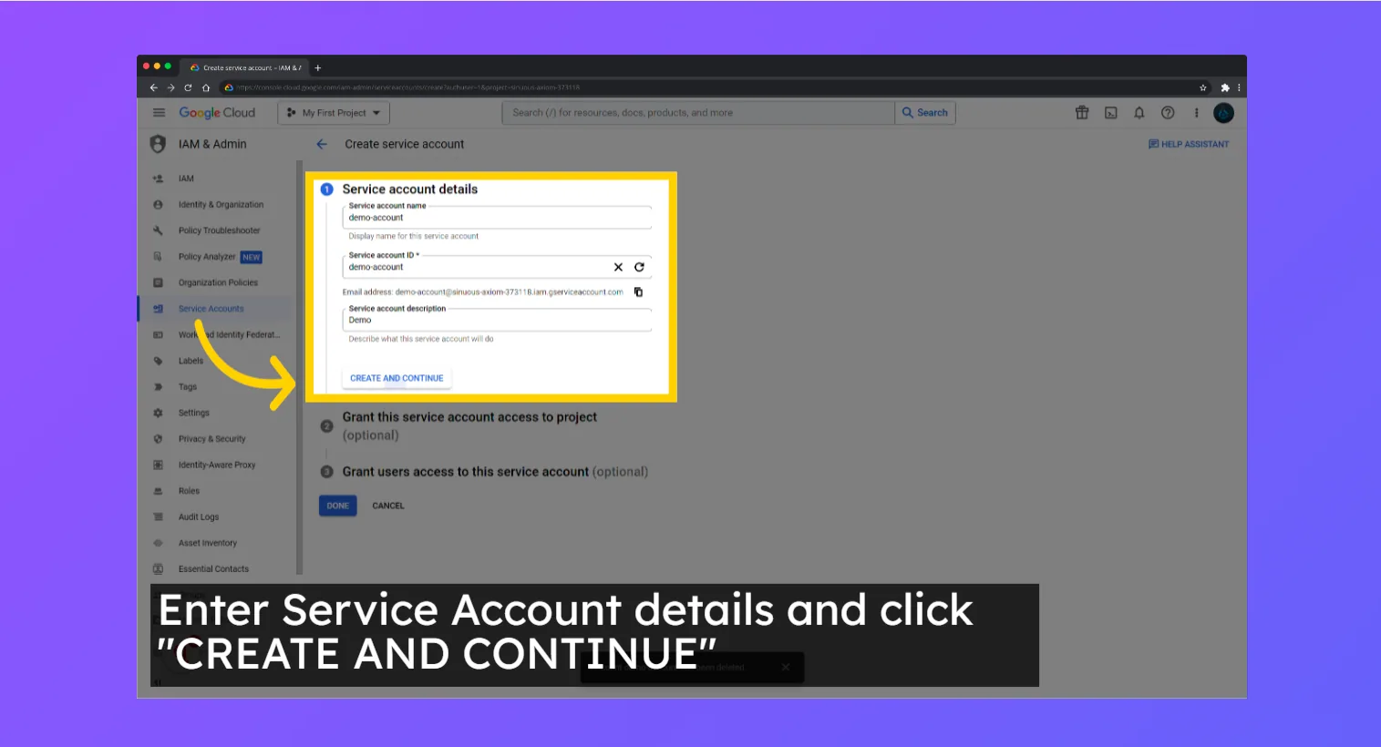 Google Cloud service account details form with name "demo-account" and the "Create and continue" button