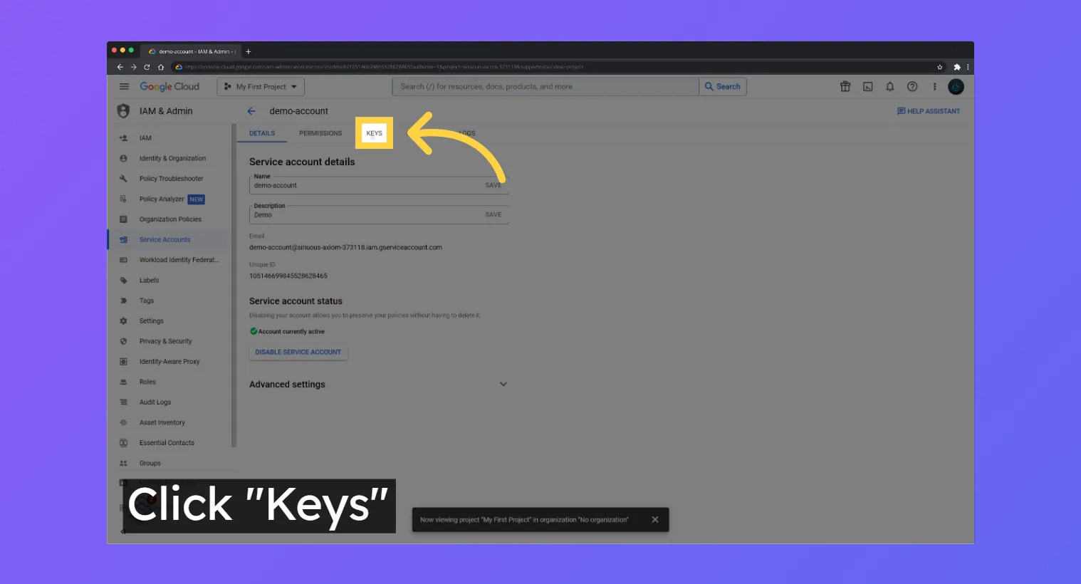 Google Cloud demo-account service account details with the "Keys" tab highlighted