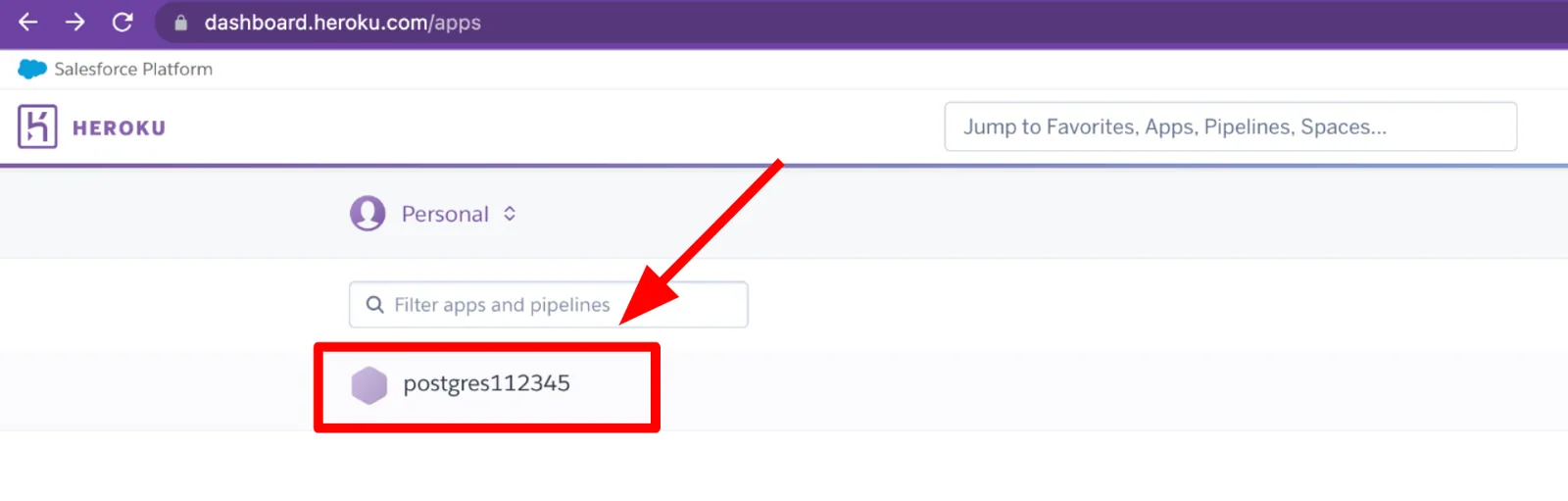 Heroku dashboard apps list with the app "postgres112345" highlighted.