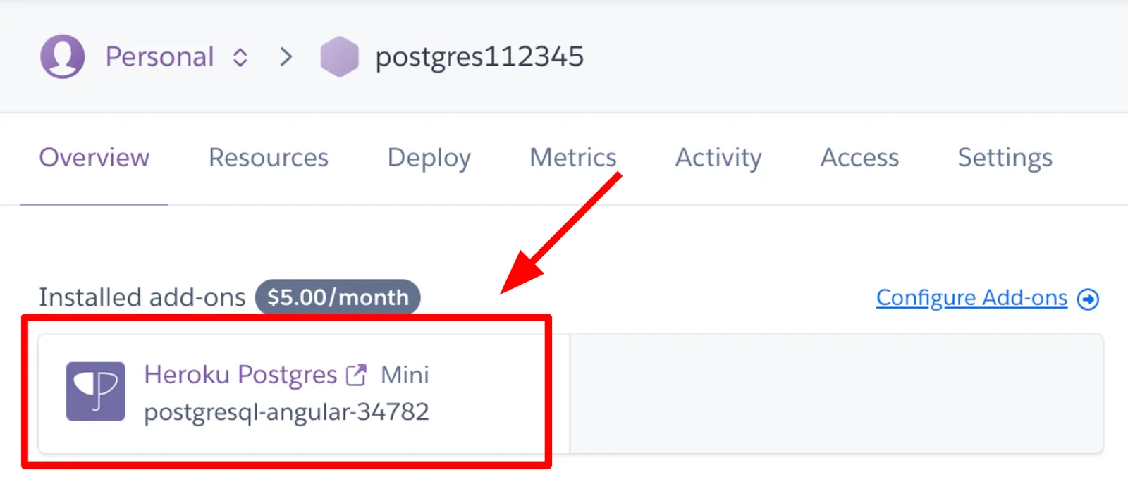 Heroku app Overview tab with the installed "Heroku Postgres" Mini add-on highlighted.