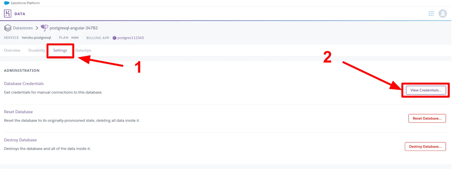 Heroku Postgres datastore with the "Settings" tab (1) and the "View Credentials..." button (2) highlighted.