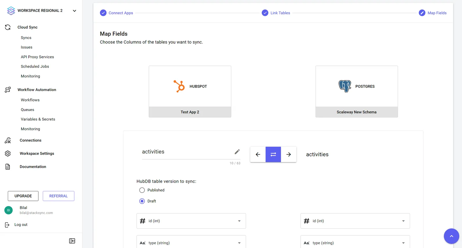 Stacksync Map Fields step for HubSpot to Postgres with "HubDB table version to sync" set to Draft instead of Published.