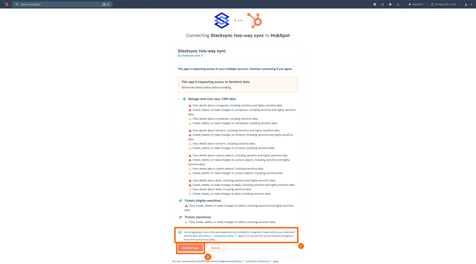 HubSpot consent page listing Stacksync's CRM data permissions, with the terms checkbox and "Connect app" button highlighted.