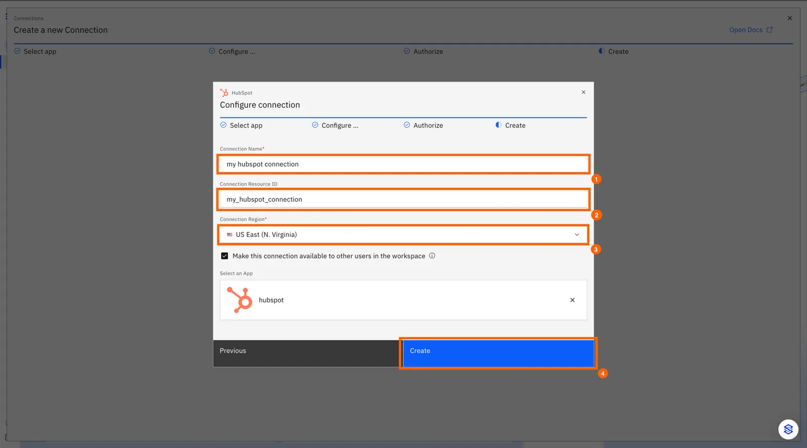 Stacksync HubSpot connection Create step with Connection Name, Resource ID, "US East (N. Virginia)" region and "Create" highlighted.