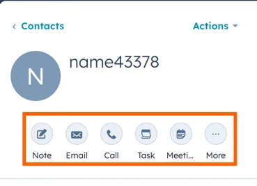 HubSpot contact record with the engagement actions Note, Email, Call, Task, Meeting and More highlighted.