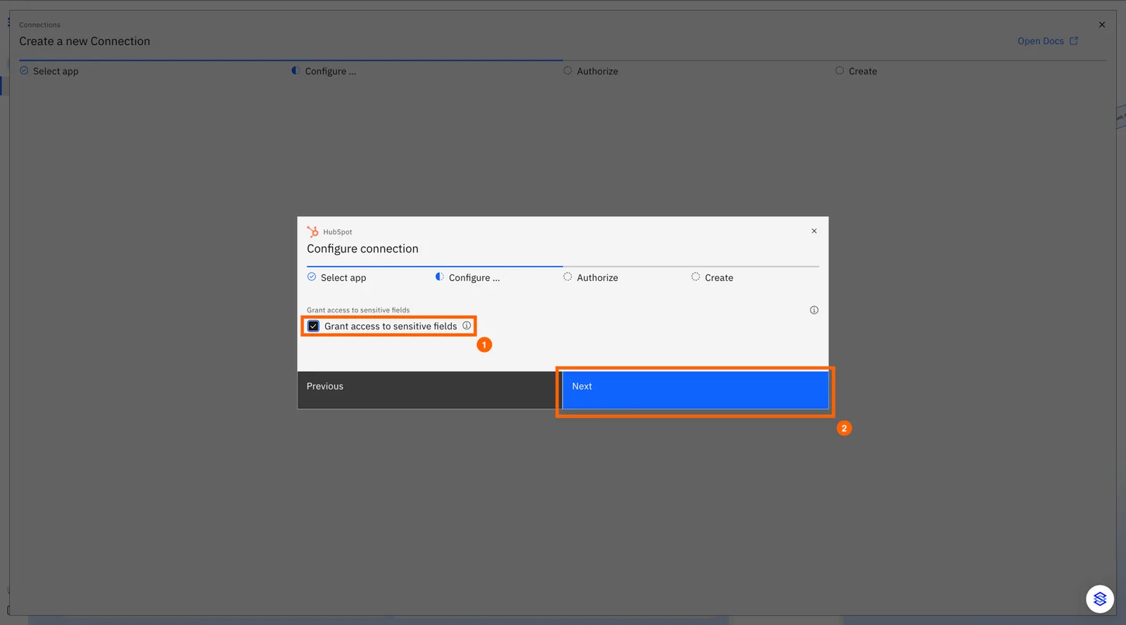 Stacksync HubSpot "Configure connection" step with "Grant access to sensitive fields" checked and the "Next" button highlighted.