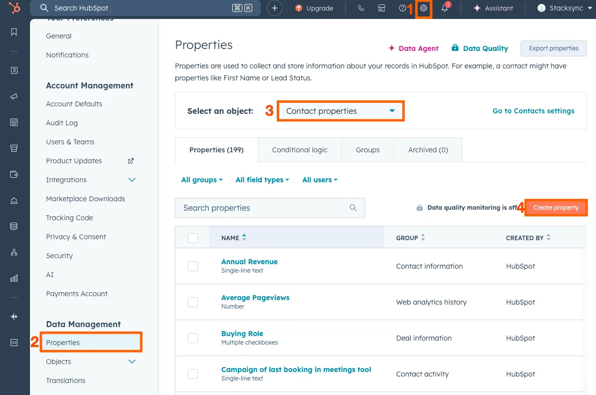 HubSpot Properties settings with numbered steps: settings gear, "Properties", "Contact properties" object, and "Create property".