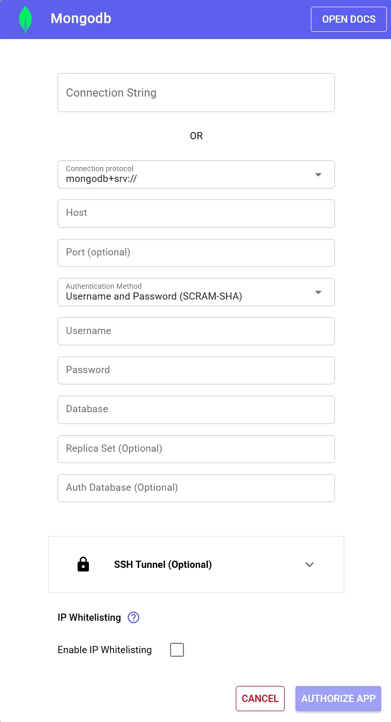 Stacksync MongoDB dialog with Connection String or protocol, host, "Username and Password (SCRAM-SHA)" auth and database fields.