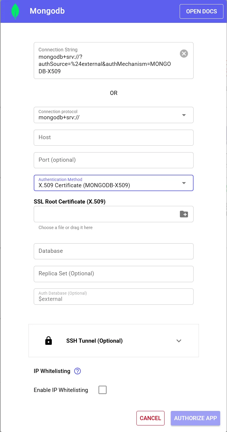 Stacksync MongoDB dialog with "X.509 Certificate (MONGODB-X509)" auth, an SSL Root Certificate upload and Auth Database "$external".