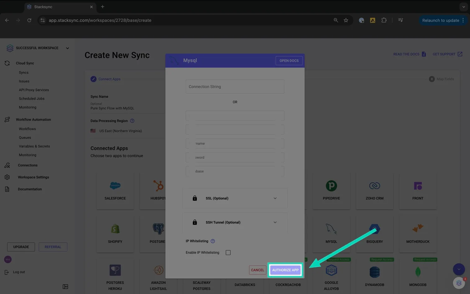 Stacksync MySQL credentials dialog with an arrow pointing to the "Authorize App" button.