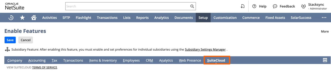 NetSuite "Enable Features" page with the "SuiteCloud" tab highlighted.