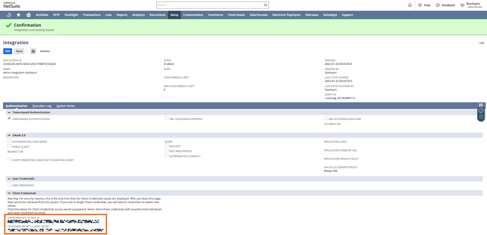 NetSuite saved Integration confirmation with the masked Consumer Key / Client ID and Consumer Secret / Client Secret highlighted.