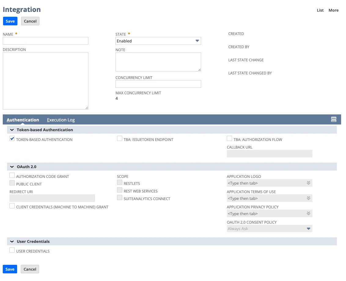 NetSuite new Integration form with Name and State "Enabled", and "Token-Based Authentication" checked on the Authentication tab.
