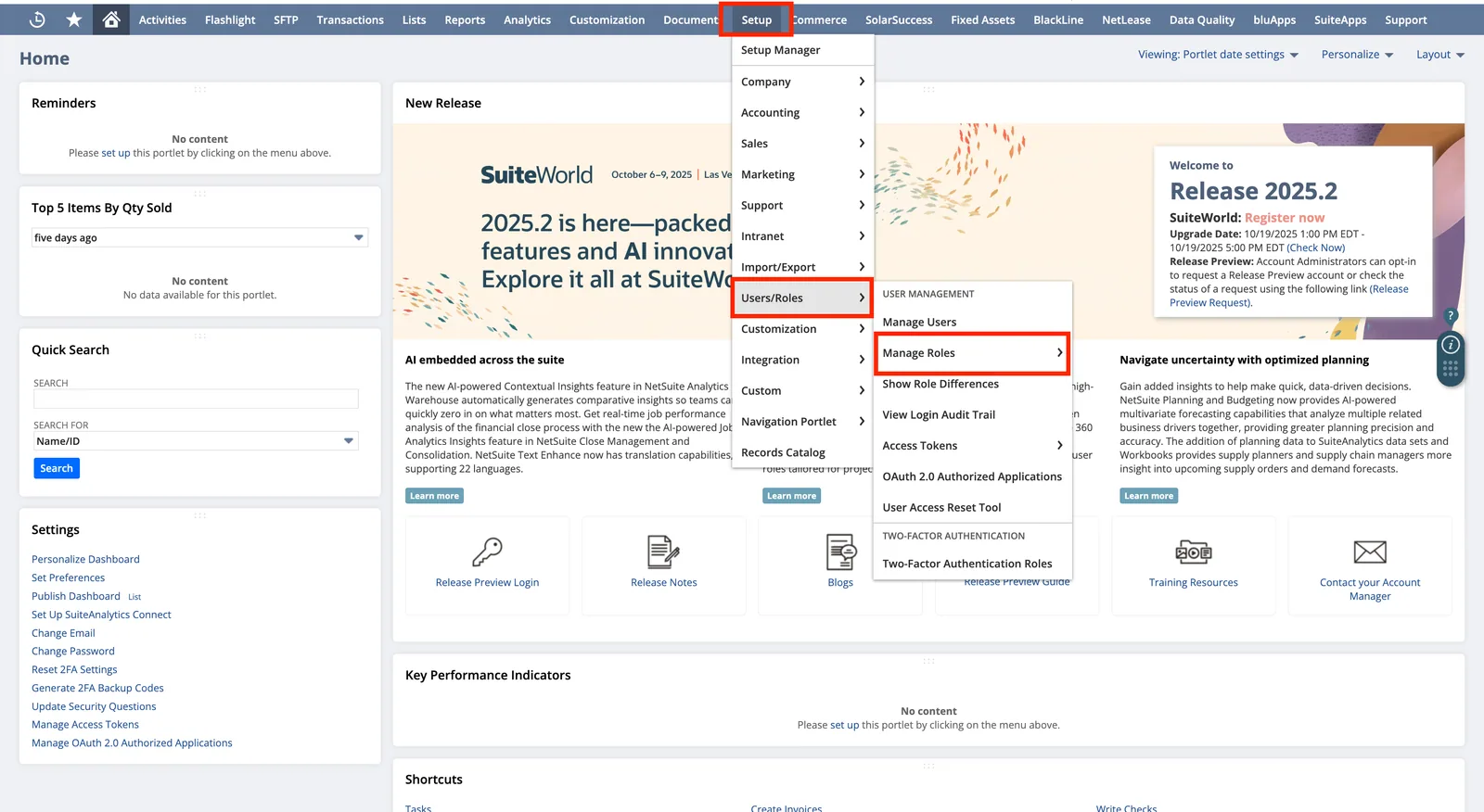 NetSuite Setup menu open with "Users/Roles" and then "Manage Roles" highlighted.