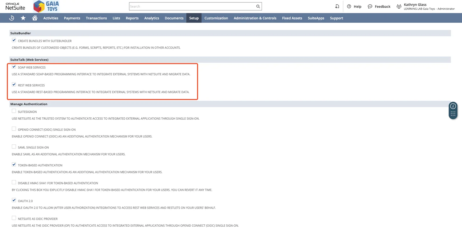 NetSuite SuiteCloud features with "SOAP Web Services" and "REST Web Services" checked under SuiteTalk (Web Services).