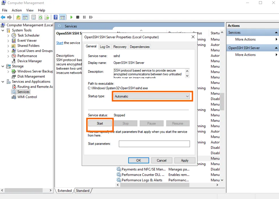 OpenSSH SSH Server Properties in Computer Management with Startup type set to "Automatic" and the "Start" button highlighted.